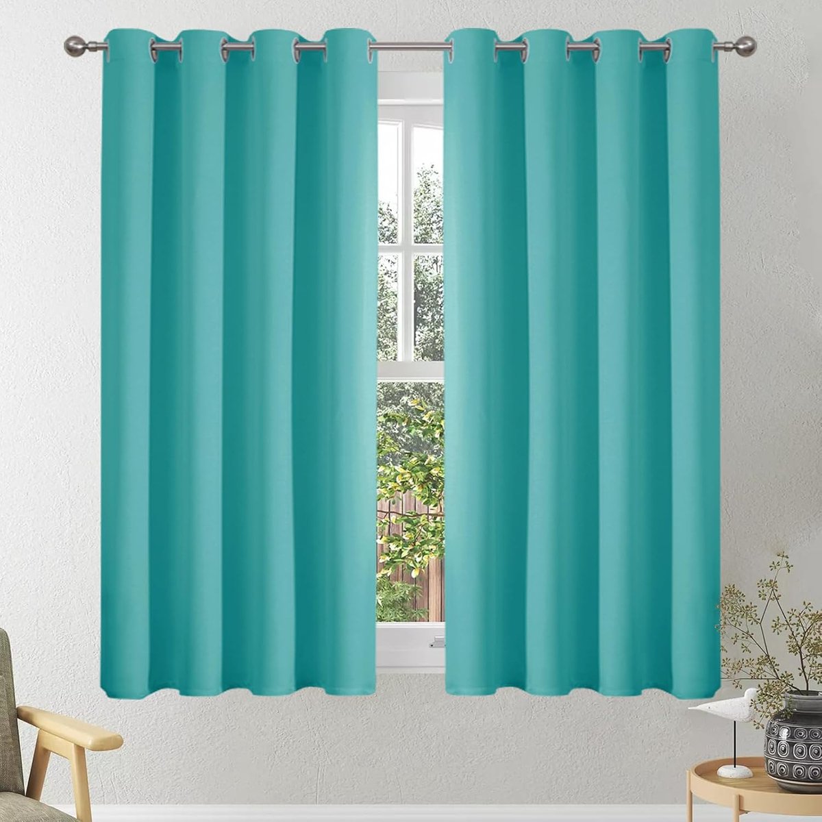 Thermogordijn met ogen, ondoorzichtig, kort, modern verduisteringsgordijn voor woonkamer, slaapkamer, set van 2, met ogen, H 114 x B 117 cm, turkoois