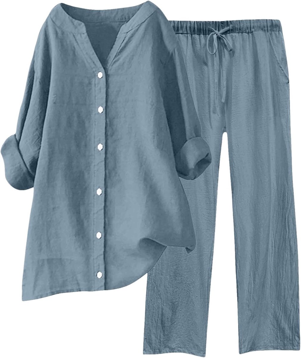 2-delige set voor dames, katoen, top en broek, casual, modieus, chic, op elkaar afgestemd, comfortabel, zacht, elegant, soepel A109
