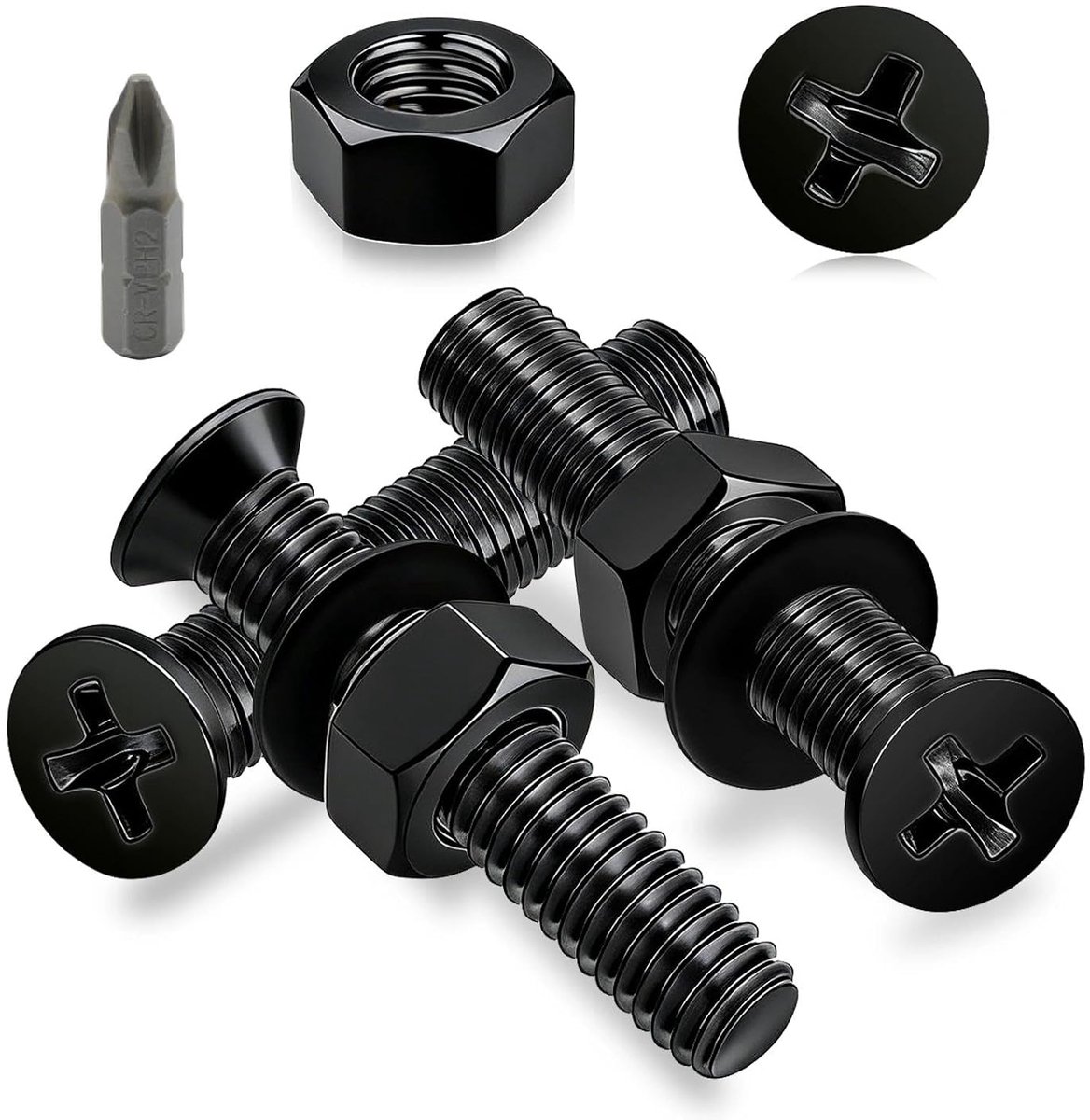Schroeven M5 kruiskop, 40 stuks M5 x 50 mm schroeven, zwart, platte kopschroeven, koolstofstaal, verzonken schroeven, schroefdraadschroeven met moeren en sluitringen voor deuren
