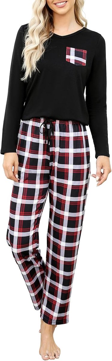 Damespyjama, lange pyjamaset, winter, nachtkleding, tweedelig, sleepwear, soft loungewear, huispak met geruite broek, Zwart wit rooster, M