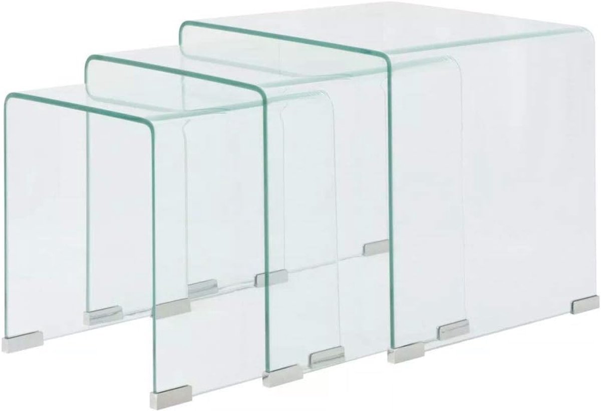 Yorten Set van 3 bijzettafeltjes, glazen tafel, salontafel, koffeetafel, van gehard veiligheidsglas, transparant, glasdikte 1 cm