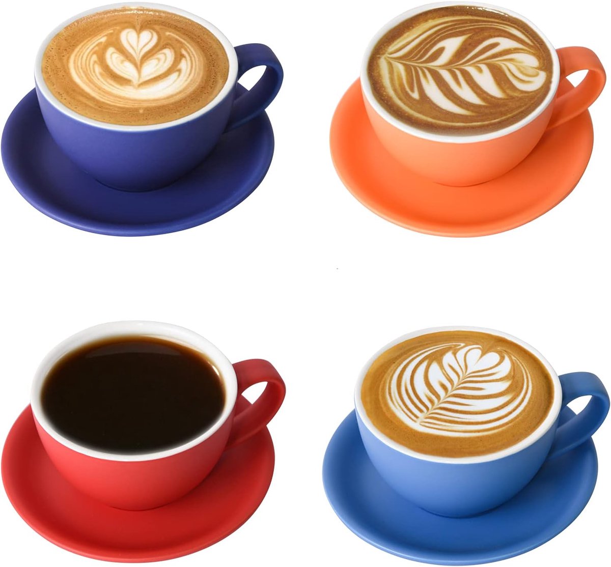 Cappuccino kopjes set 4 x 300 ml - keramische koffiekopjes met schotels, matte donkere tinten mix voor latte art & barista, grote mokka-kopjes en schotels set