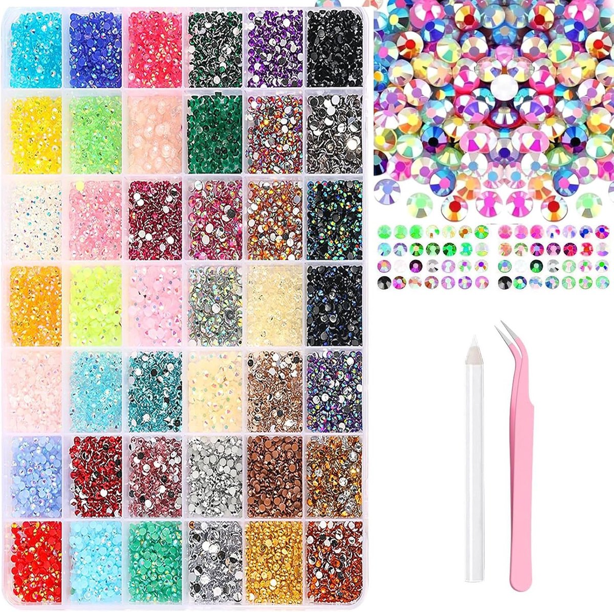 9500 stuks strass-steentjes, 3 mm, harsmateriaal, platte achterkant, strass-steentjes met pincet en pen, strass-steentjes voor nagels, kleurrijk en glanzend, voor knutselen, nagels, diamond