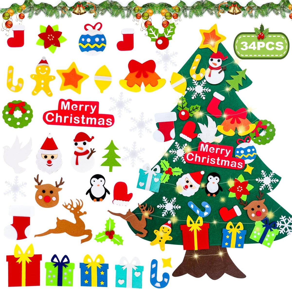 Kerstboom, 3,28ft DIY vilten kerstboomset voor kinderen, kerstdecoratie, hangend decor met 34 afneembare ornamenten, DIY knutselset, ideaal voor thuis/deur/wanddecoratie