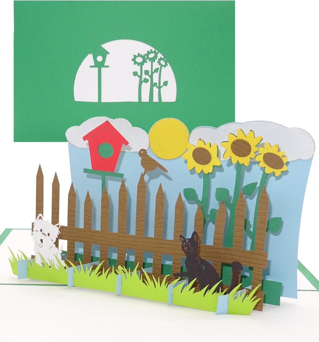 3D pop-up kaart "Onze tuin" - verjaardagskaart voor tuinman met hond, kat en vogelhuis voor thuis, aankoop en uitnodiging, tuinfeest
