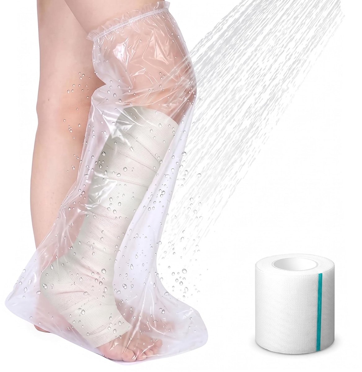 Gipsbeschermers voor volwassenen, waterdicht, 8 afdekkingen 70 cm + band, afdekking voor gips, benen voor douche, houdt verbanden en droge wonden vast