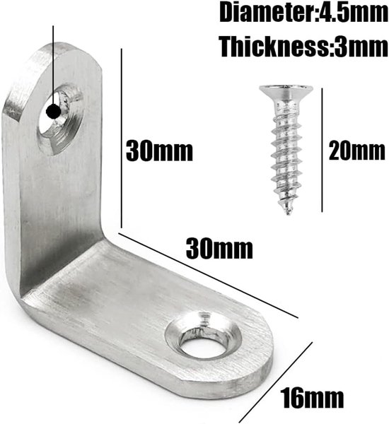 10 stuks hoekbeugels 30 x 30 mm, L-vorm rechthoekige roestvrijstalen metalen beugels met schroeven voor bureau, tafel, stoelen, houten meubelkasten — afbeelding 2