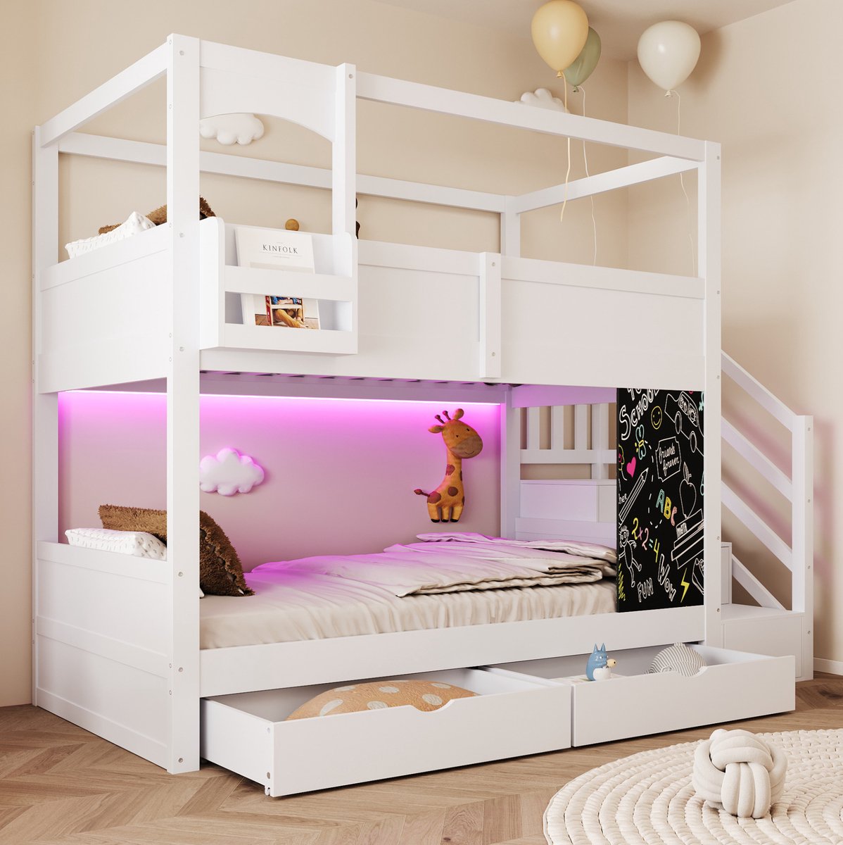 REDOM Kinderstapelbed - Huisdesign met veiligheidshekken - Opbergladder en 2 lades - Hout en MDF - Wit - 253 x 95 x 180 cm