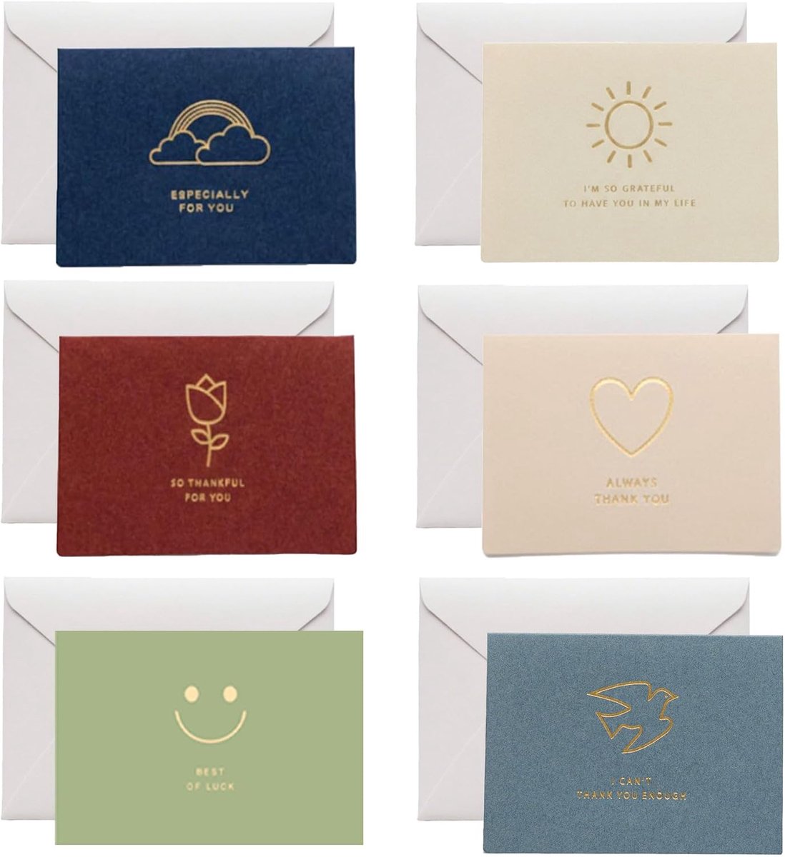 Set van 6 dankkaarten met enveloppen en opkleeflabels – Minimalistisch ontwerp met gouddruk – vouwkaartenset voor huwelijk, verjaardag, doop, zakelijk – Elegante blanco wenskaarten