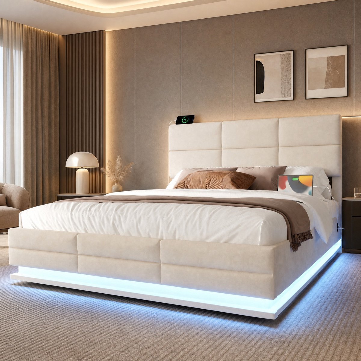 WUVRIE Fluwelen opbergbed 140x200 cm met verstelbaar hoofdbord, LED en USB/Type-C, beige, zonder matras