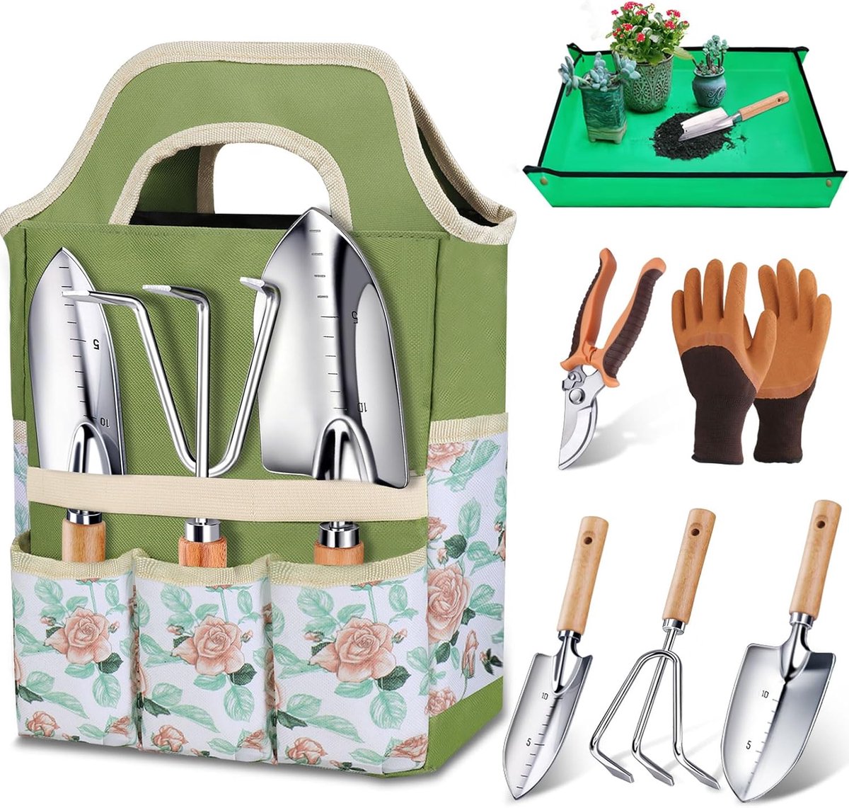 SnelShoppen - 7-delige Tuingereedschapsset van Roestvrij Staal met Draagtas - Robuuste Tuinset voor Plantenverzorging, Bloemperkwerk en Tuinonderhoud