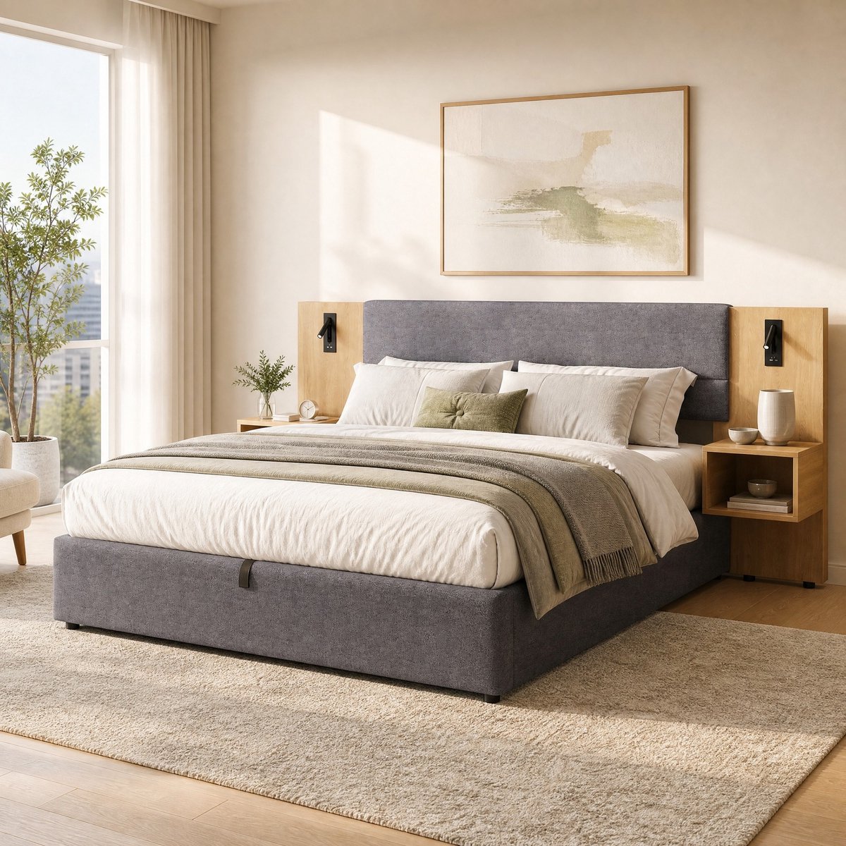 WUVRIE Opbergbed 180x200 cm met 2 nachtkastjes, verlichting, USB-A/USB-C en lattenbodem, grijs/naturel