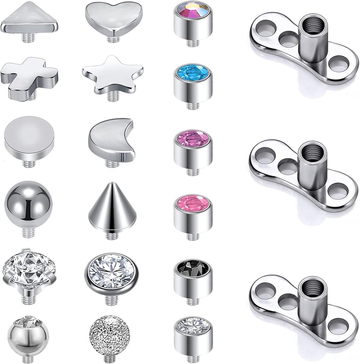 14G Chirurgisch Staal Intern Schroefdraad Dermal Anker Base Microdermals Piercing voor Vrouwen Mannen, 14/15Pcs Kubieke Zirkonia Dermal Anker Tops 2mm 3mm 4mm, Roestvrij staal, Zirkonia
