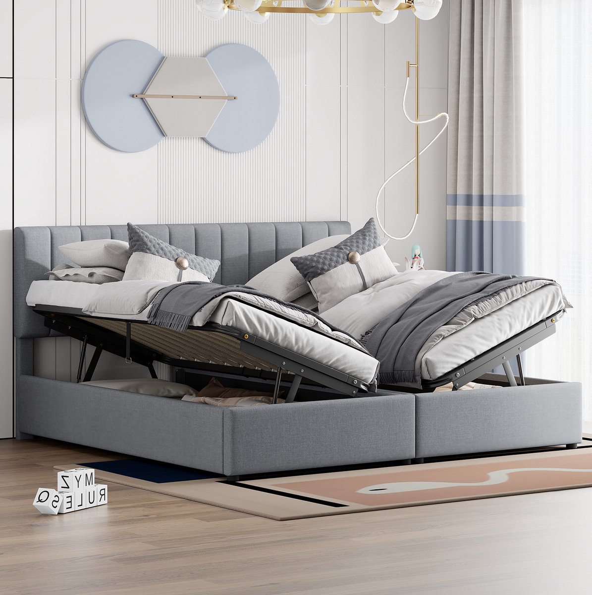 WUVRIE Gestoffeerd opbergbed 180x200 cm met hydraulische bedbodem en verstelbaar hoofdbord, grijs