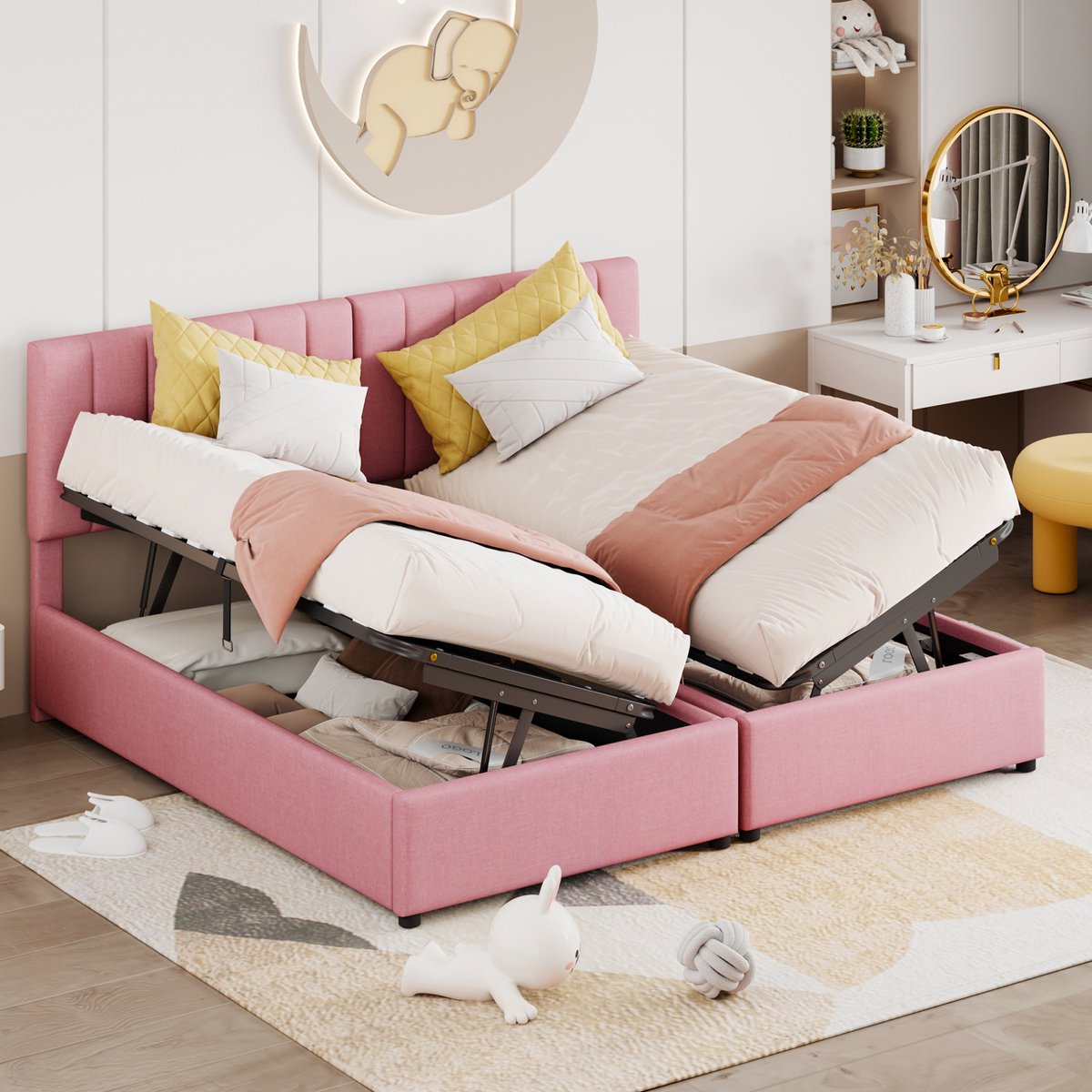 WUVRIE Gestoffeerd opbergbed 180x200 cm met hydraulische opbergruimte en verstelbaar hoofdbord, roze