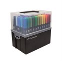 Zwarte Tombow opbergdoos met 107 ABT Dual brushpennen in regenboogkleuren.