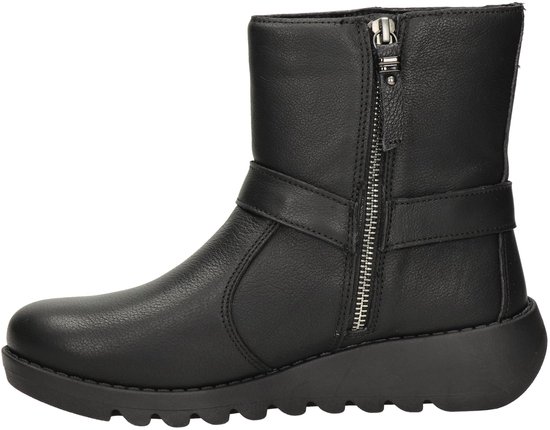 Zwarte leren Skechers laars met gespband, metalen ring en ritssluiting, zijaanzicht.