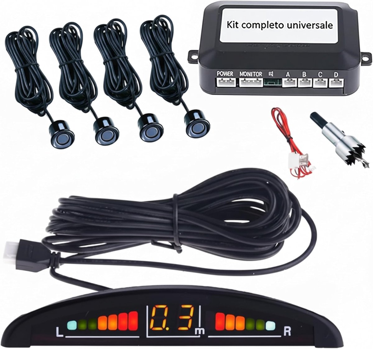 SnelShoppen - Universele Parkeersensoren Set met 4 Overschilderbare Sensoren, LED Display, Akoestisch Signaal, Besturingseenheid en Bekerpunt - Ideaal
