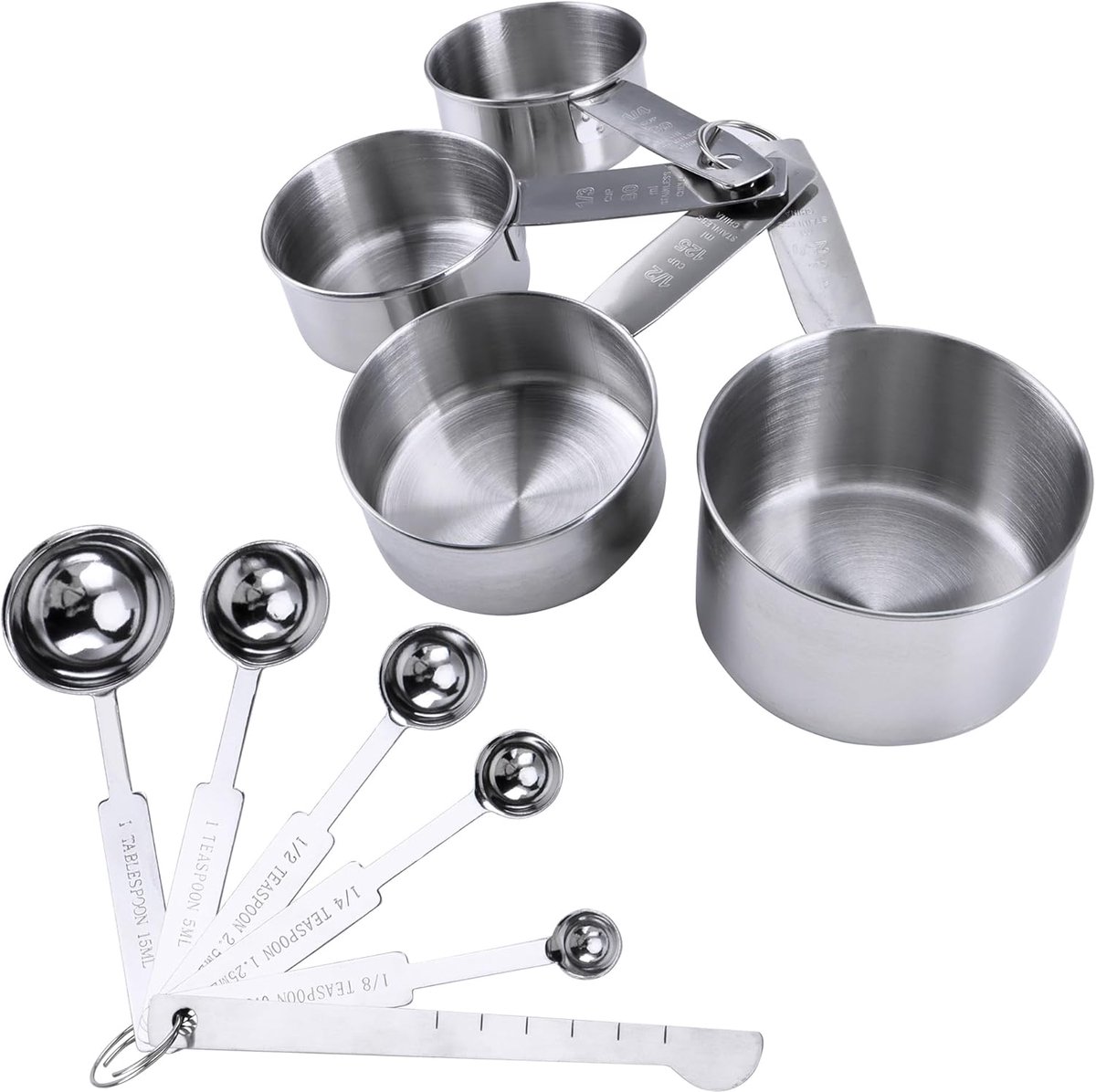 SnelShoppen - 10 Stuks RVS Maatbekers en Maatscheppen met Meetliniaal, Perfect voor Keuken en Bakken, Duurzaam, Nauwkeurig, Anticorrosief, Roestvrij S