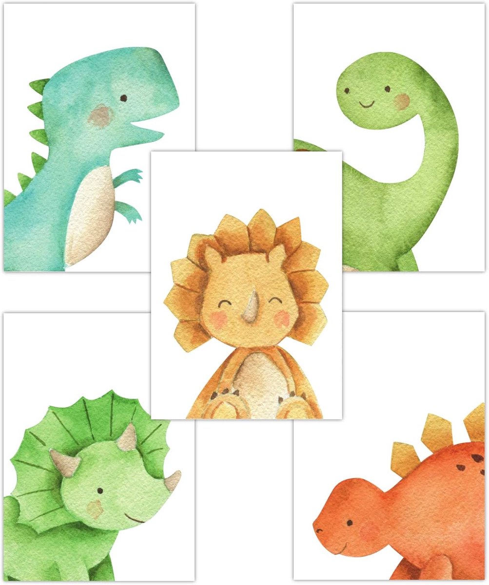 SnelShoppen - Pandawal Dino Pictures Kinderen Kamer Decoratie - Schattige Baby Dinosaurussen Posters Set van 5 - DIN A4 Formaat - Wanddecoratie voor J