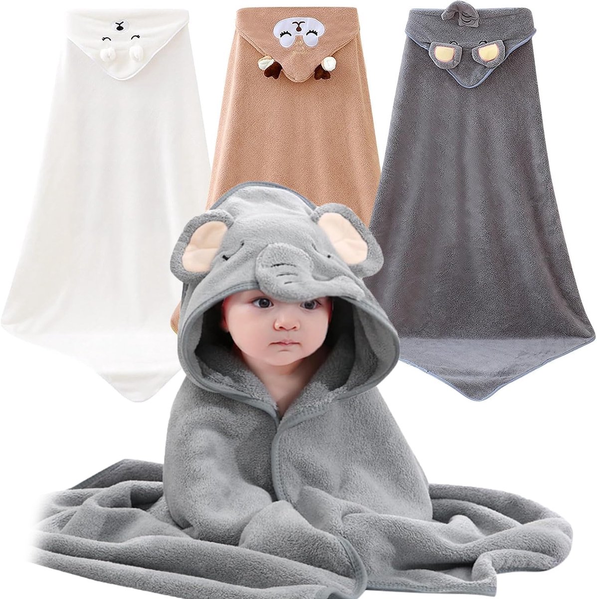 SnelShoppen - Baby Hooded Bath Towel 3-Piece Set - Super Absorbente Baby Badcape van Bamboe - Zacht en Ademend Baby Badjasje met Kap - Perfect als Cad