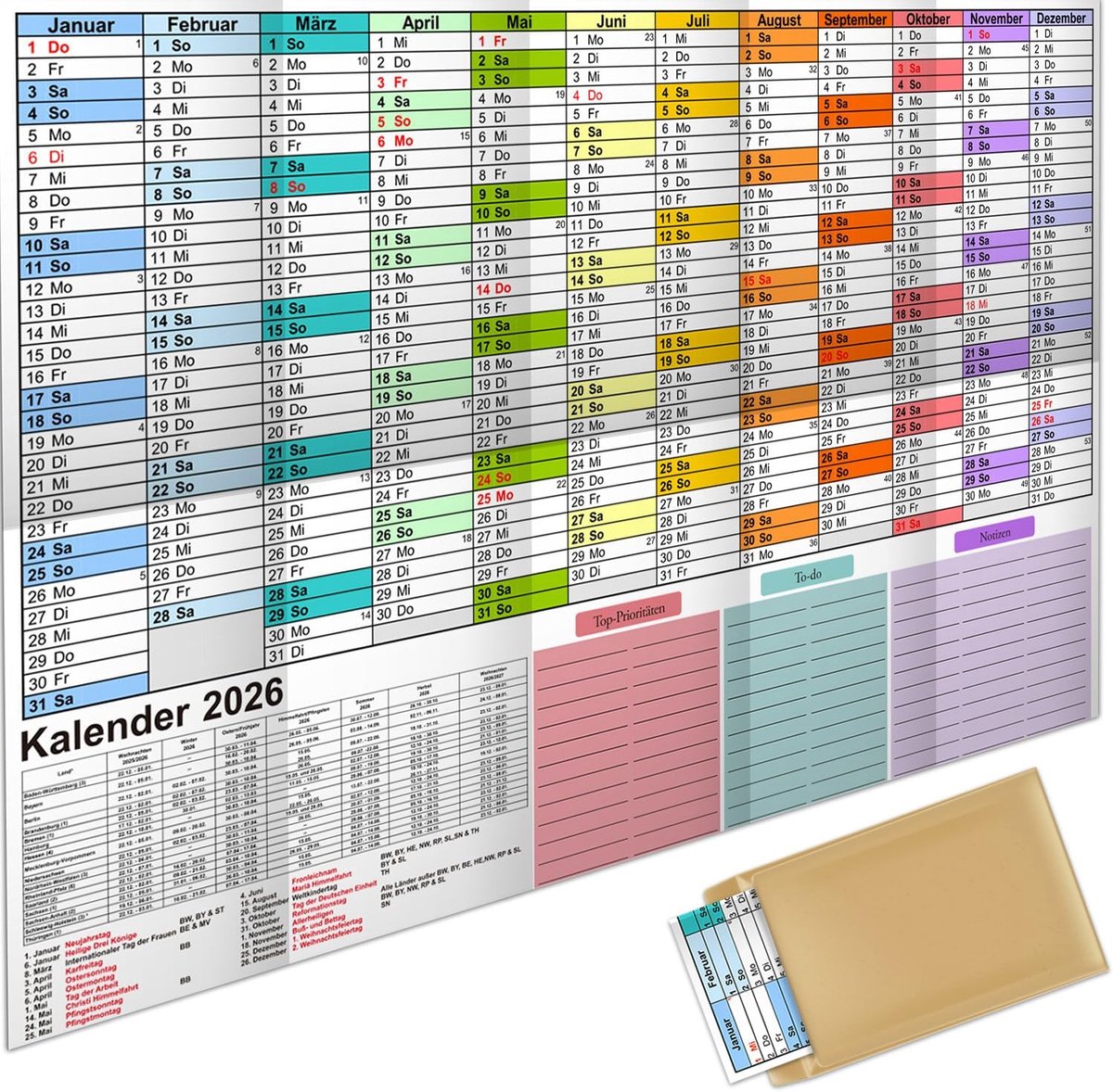 SnelShoppen - Jaarplanner 2026 Wandkalender A1, Groot 57x87 cm, Nederlandse Jaarkalender met Vakantieoverzicht en Kalenderweken, Gevouwen Wandplanner