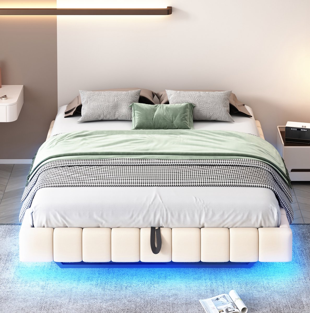 WUVRIE Gestoffeerd opbergbed 160x200 cm met hydraulische lift, ledverlichting en zonder hoofdbord, beige