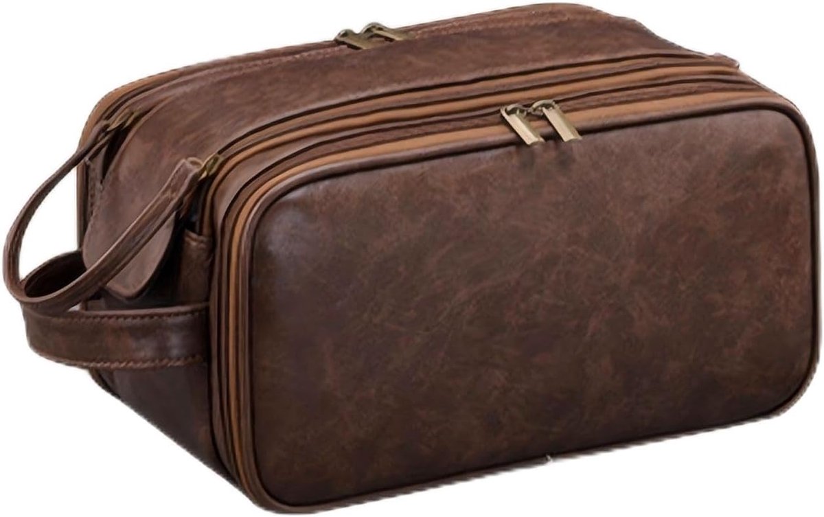SnelShoppen - Luxe Business Toilettas voor Mannen, Waterdichte Dopp Kit, TSA Goedgekeurd, Leer, Bruin, 28x18x15 cm, Met Gescheiden Compartimenten voor