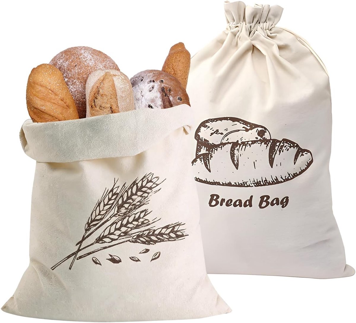 Broodzakken set van 2 - 30 x 45 cm - ongecoat katoen - ademend voor langer vers brood - ShopVlot