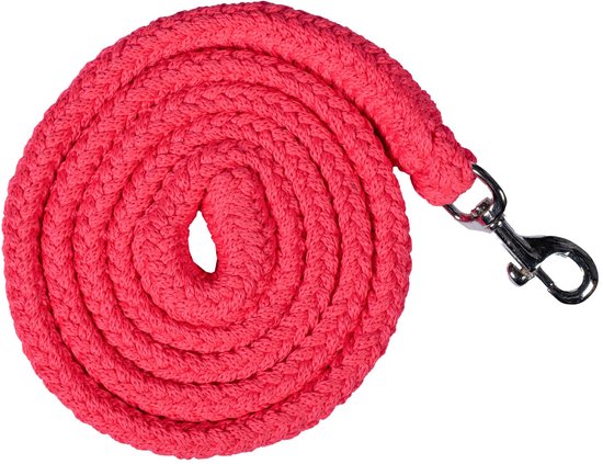 Roze touwhalster met karabijnhaak, opgerold.