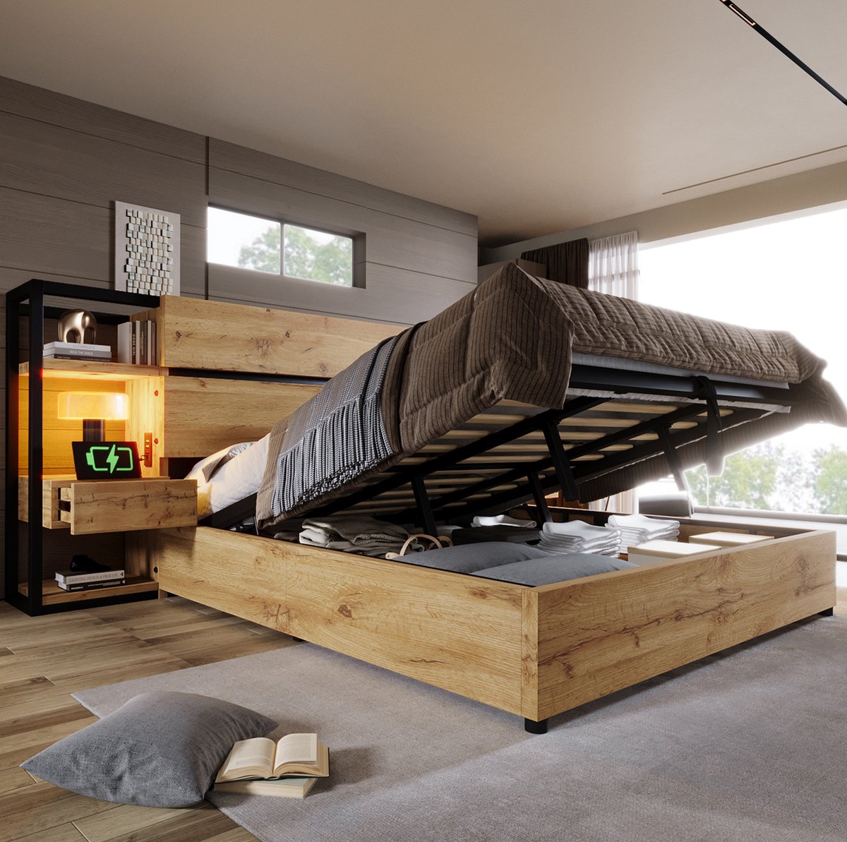WUVRIE Hydraulisch opbergbed 180x200 cm met lades, hoofdbord en USB/Type-C, eikenkleur