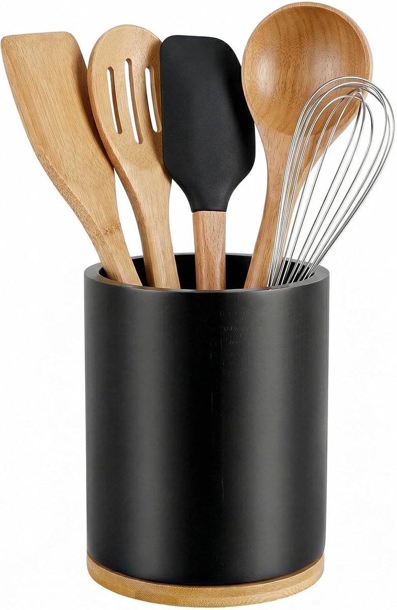 SnelShoppen - Bamboe Houder voor Keukengerei, 360 Graden Draaibaar, Organiser voor Aanrecht, Zwart, 18,5 x 15,5 x 15,5 cm, Perfecte Keukendecoratie en