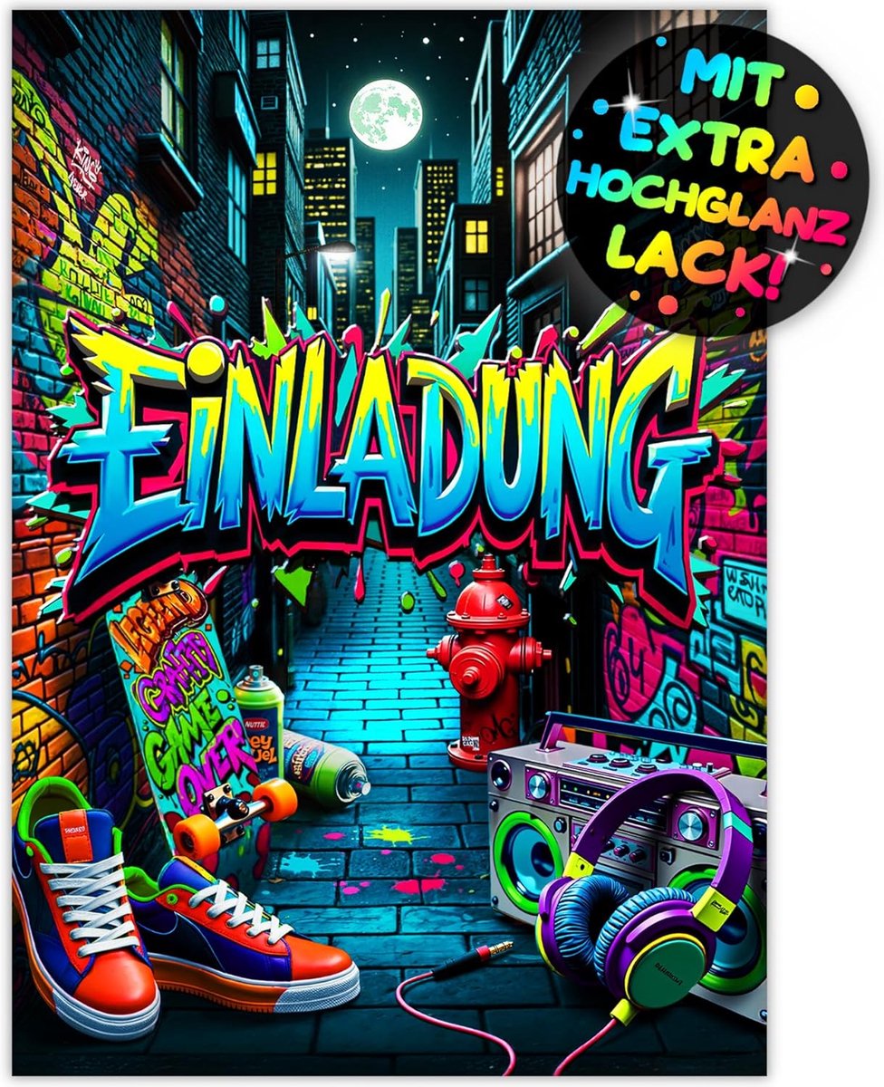 SnelShoppen - 12x Graffiti Uitnodigingskaarten Kinderverjaardag - Kleurrijke Street Party Kaarten voor Jongens en Meisjes - Neon Feestuitnodigingen vo