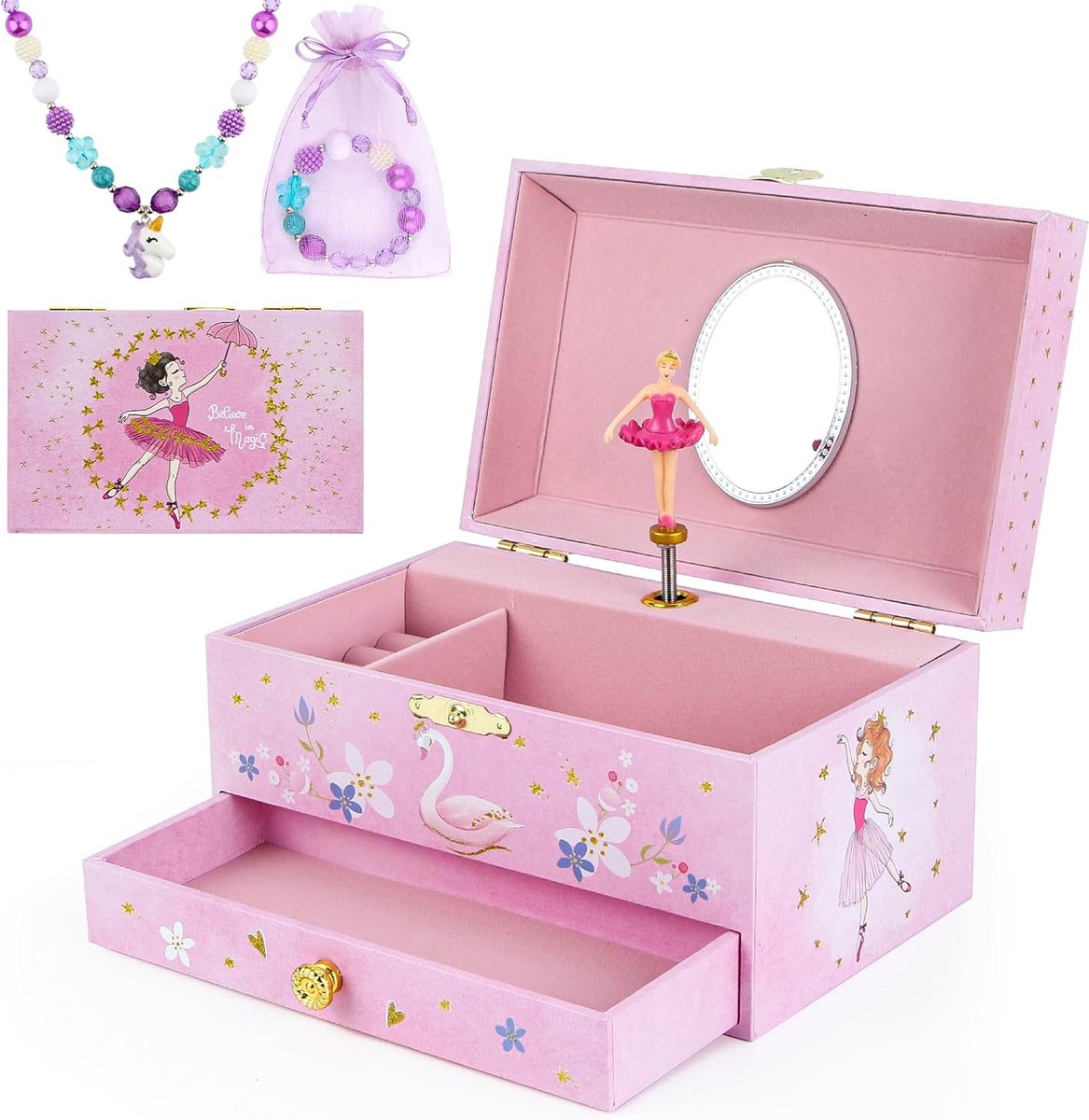 SnelShoppen - Muziek Sieraden Doos met Lade voor Halsketting en Armband, Roze Ballerina Muzikale Sieraden Opbergdoos voor Kinderen Meisjes, Perfect Ca