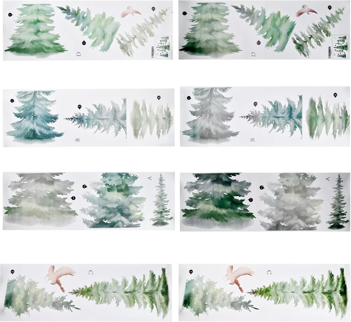 4 Pieces Wall Sticker Tree Decoration 30 x 90 cm, Watercolor Pine Wall Sticker Bedroom, Green Plants Wall Decoration - ShopVlot