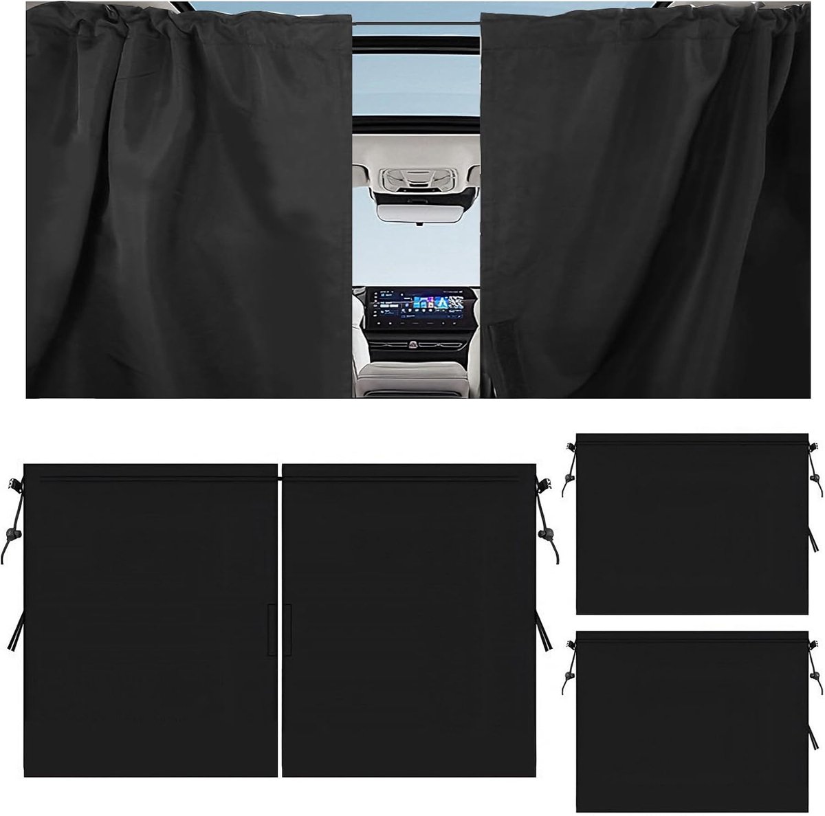 SnelShoppen - 3 Stuks Auto-Privacyraamset met Scheidingsgordijnen en Zonwering - Verduistering voor Achterbank en Ramen - Universeel, Zwart Polyester,