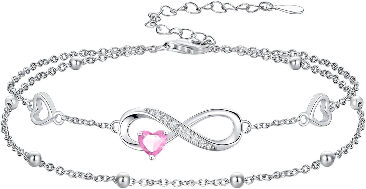 925 sterling zilveren sieraden voor dames, oneindigheidsgraad hart, geboortesteen armband en enkelband, dubbele rijen - ShopVlot
