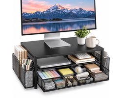Monitorstandaard - Printerstandaard - Metalen Bureau-organizer met Lade, 2 Pennenhouders en Opbergruimte - Tot 20 kg Belastbaar - voor PC, Laptop, Monitor en Bureau-accessoires
