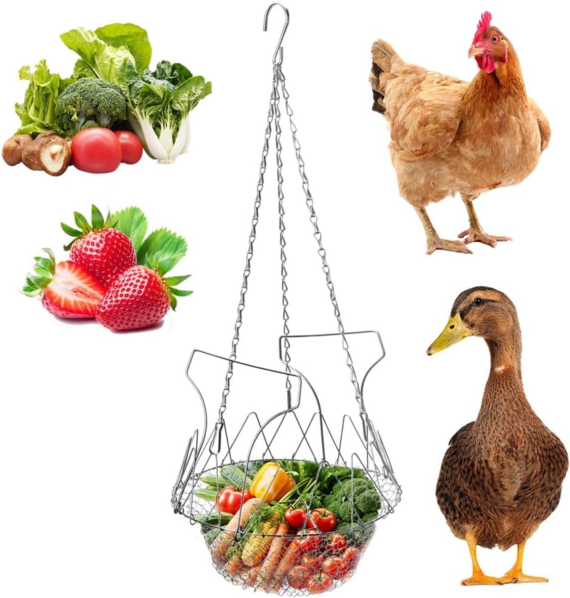 Voederdispenser voor kippen, opvouwbaar, 40 cm, groot speelgoed, kip, fruit, kip, gevogelte, fruithouder, met 4 kettingen om op te hangen, voor kippen, kippen, eenden, boerderij