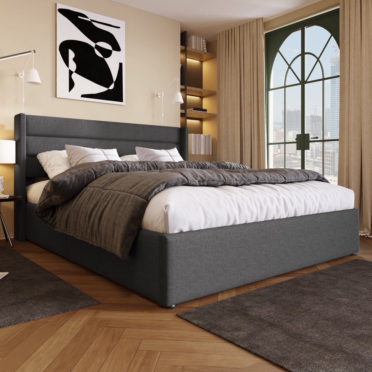 WUVRIE Hydraulisch opbergbed 140x200 cm met lattenbodem en gestoffeerd hoofdbord, grijs