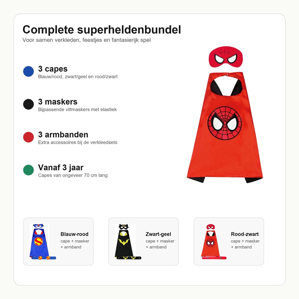 Jobber Toys Superhelden Verkleedset - 3 Capes Maskers Armbanden — afbeelding 5