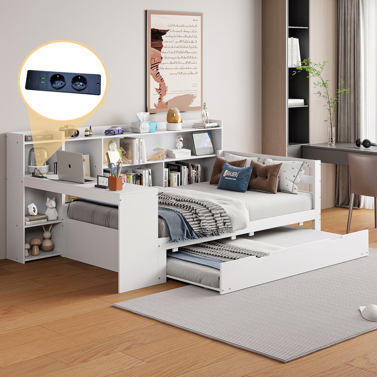 WUVRIE Slaapbank 90x200 cm met uitschuifbed, bureau, opbergruimte en stopcontact, wit