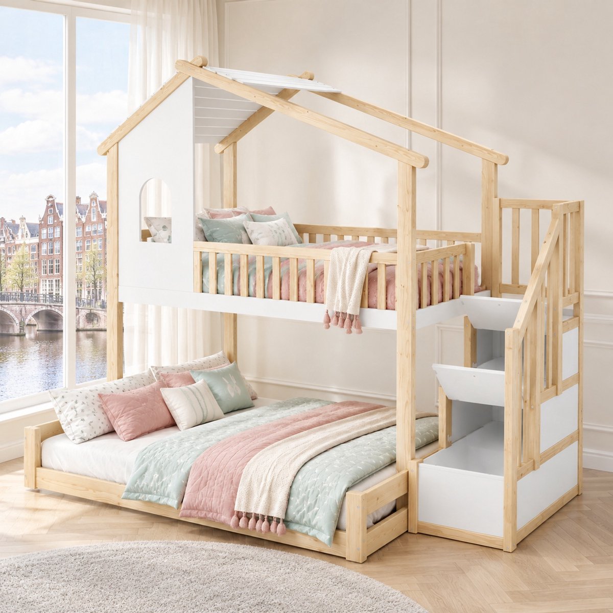WUVRIE Stapelbed 90x200 en 140x200 cm met opbergtrap en uitvalbeveiliging, naturel/wit Naturel en wit