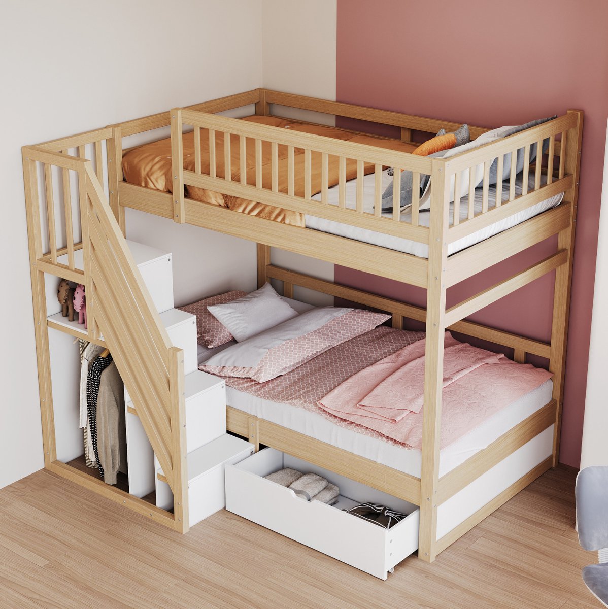 WUVRIE Stapelbed 90x200 cm met opbergtrap, opberglade, lattenbodems en veiligheidshek, wit/naturel Natuurlijke houtkleur