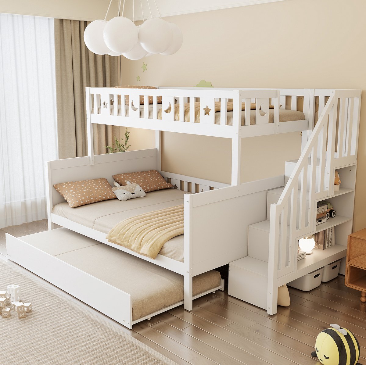 WUVRIE Kinderstapelbed 90x200 en 140x200 cm met opbergtrap, uitschuifbed en lattenbodems, wit