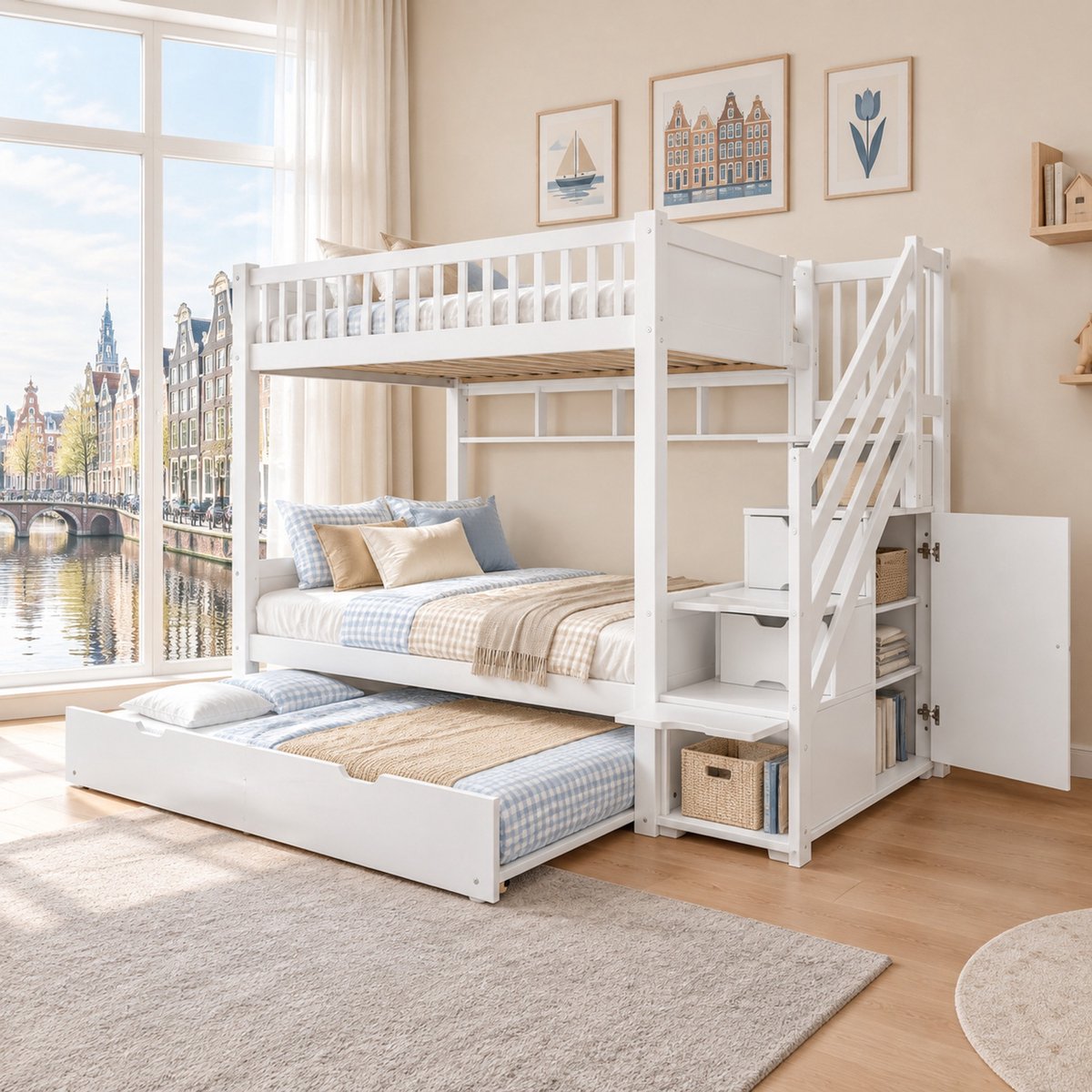 WUVRIE Stapelbed 90x200 cm met uitziehbed, opbergtrap, kledingkast en planken, wit