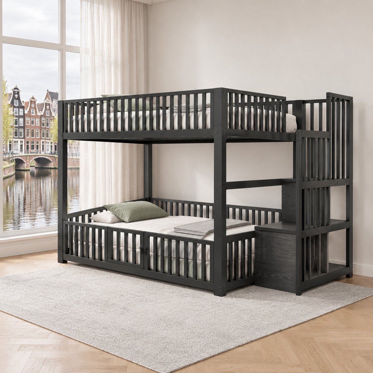WUVRIE Stapelbed 140x200 cm met opbergtrap, LED-verlichting en veiligheidshekken, zwart