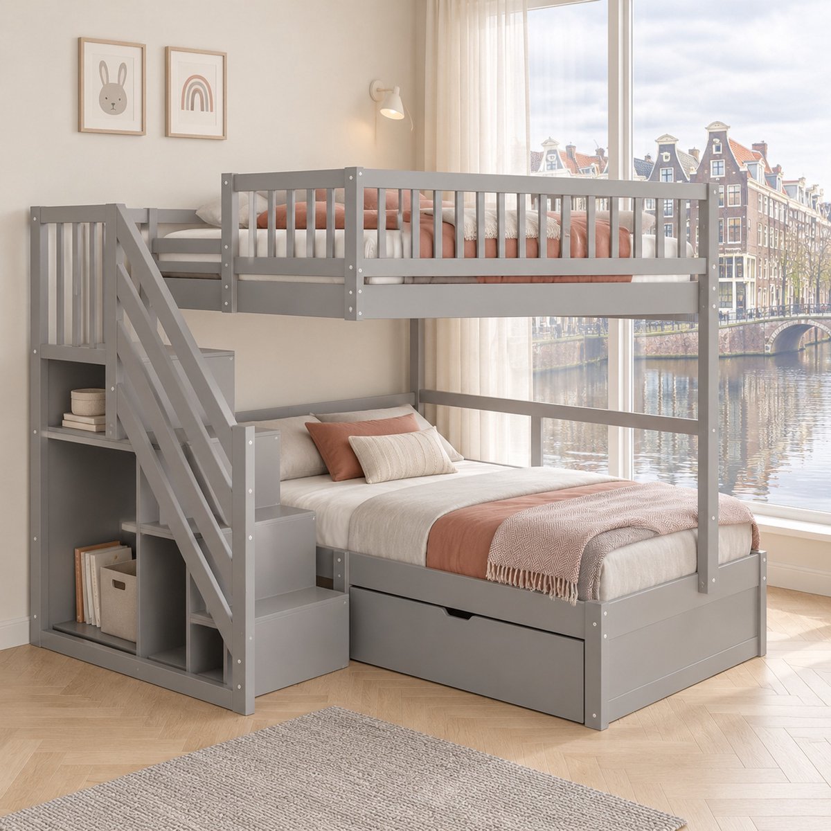 WUVRIE Stapelbed 90x200 cm met opbergladder, bedlade, lattenbodems en hoge veiligheidshekken, grijs