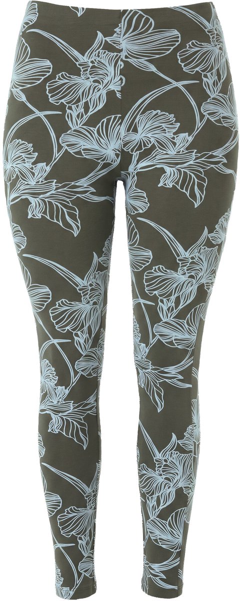 Ulla Popken - Dames - Legging bloemen slim fit elastische tailleband - Olijfgrijs - Maat 58+
