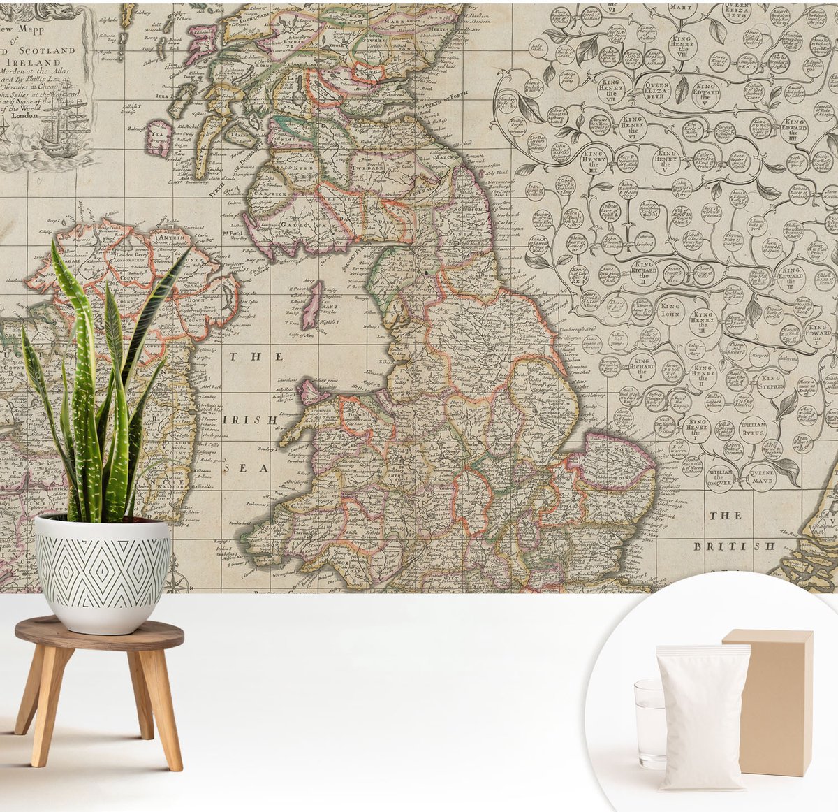 Wallfluent Fotobehang - Beige Vliesbehang - 208x146 cm - Antieke Kaart Fotobehang Vlies - Hal behang Kaarten - Muurschildering - Woonkamer behang